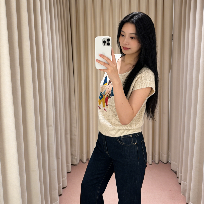 冰丝针织短袖薄款T恤女夏季欧货正肩轻奢高级感法式镂空短款上衣