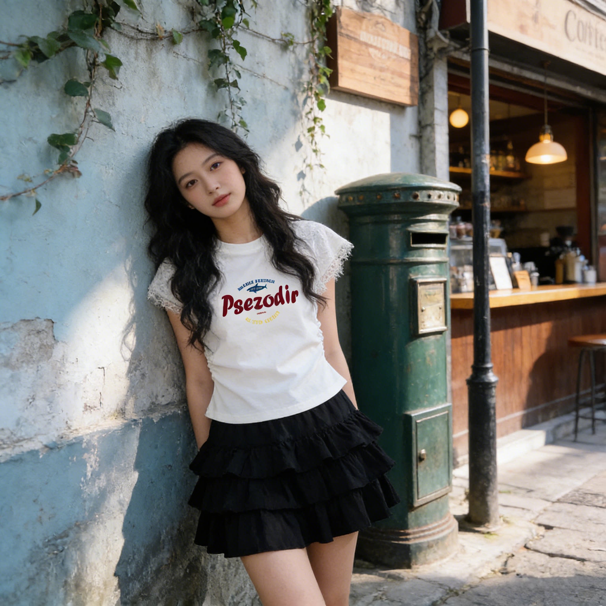 灰色正肩蕾丝短袖t恤女夏季独特漂亮美式修身收腰短款上衣设计感