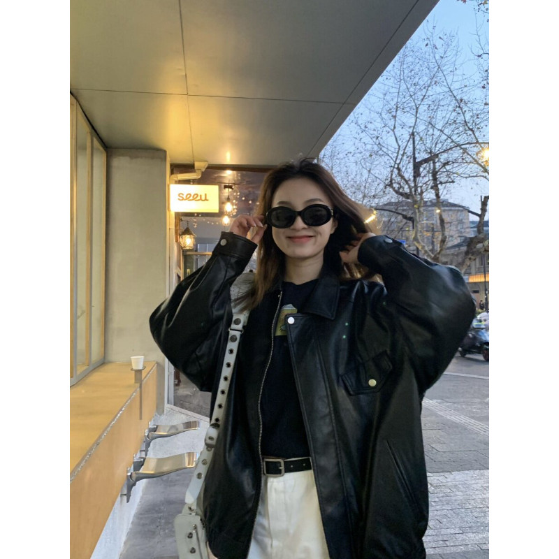 免洗亮面pu皮翻领设计感宽松大码小个子皮衣外套女休闲百搭夹克潮