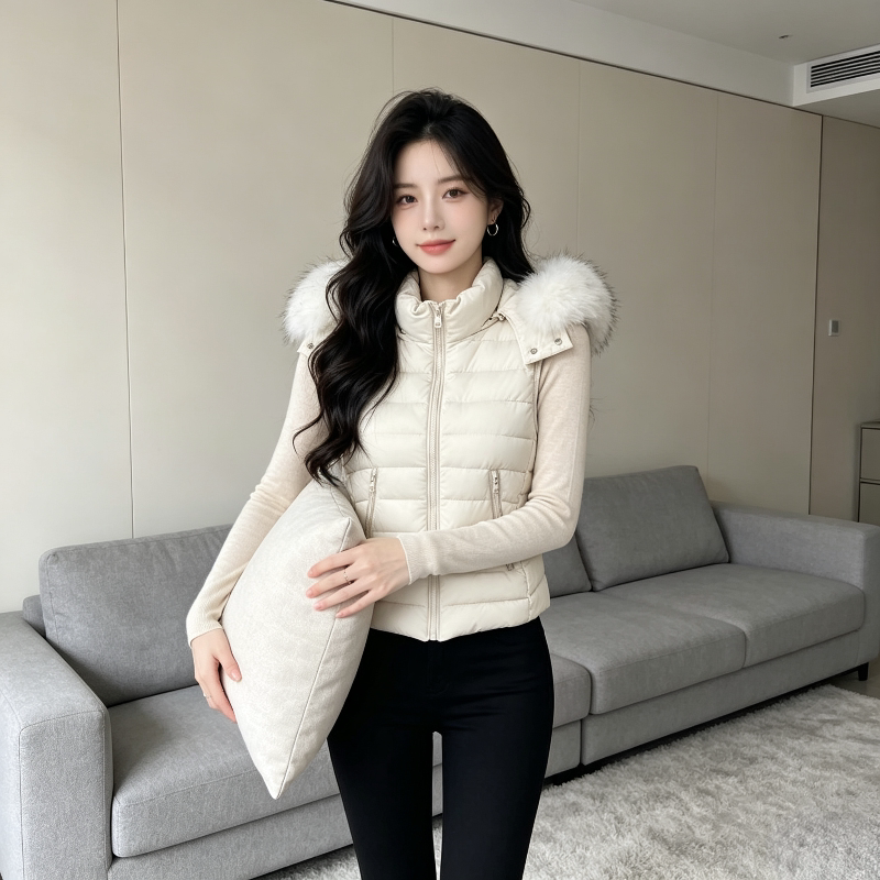 温柔风大毛领连帽修身显瘦小个子无袖坎肩排骨服棉服马夹外套女潮
