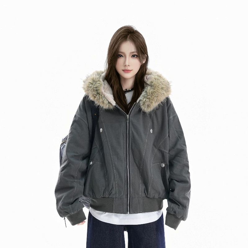 欧货座山雕连帽毛领加绒加厚保暖防寒宽松棉服外套女派克棉袄洋气