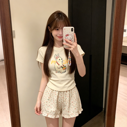 夏季温柔风减龄修身设计感正肩圆领短袖T恤上衣女小个子百搭气质