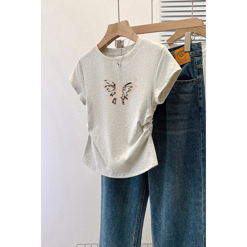 欧货米杏色短袖t恤女装夏季2026新款独特高级小个子修身短款上衣