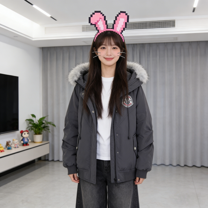 工装大毛领设计感连帽加厚保暖防寒宽松大码小个子棉服外套女棉袄