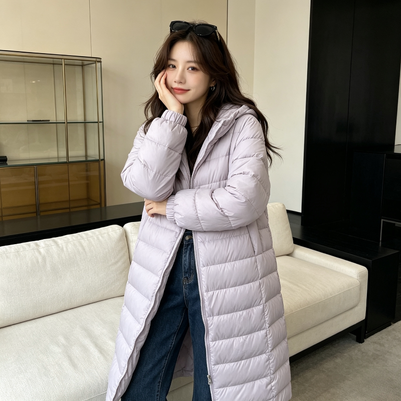 香芋紫中长款过膝连帽设计感休闲宽松小个子百搭棉服外套女面包服