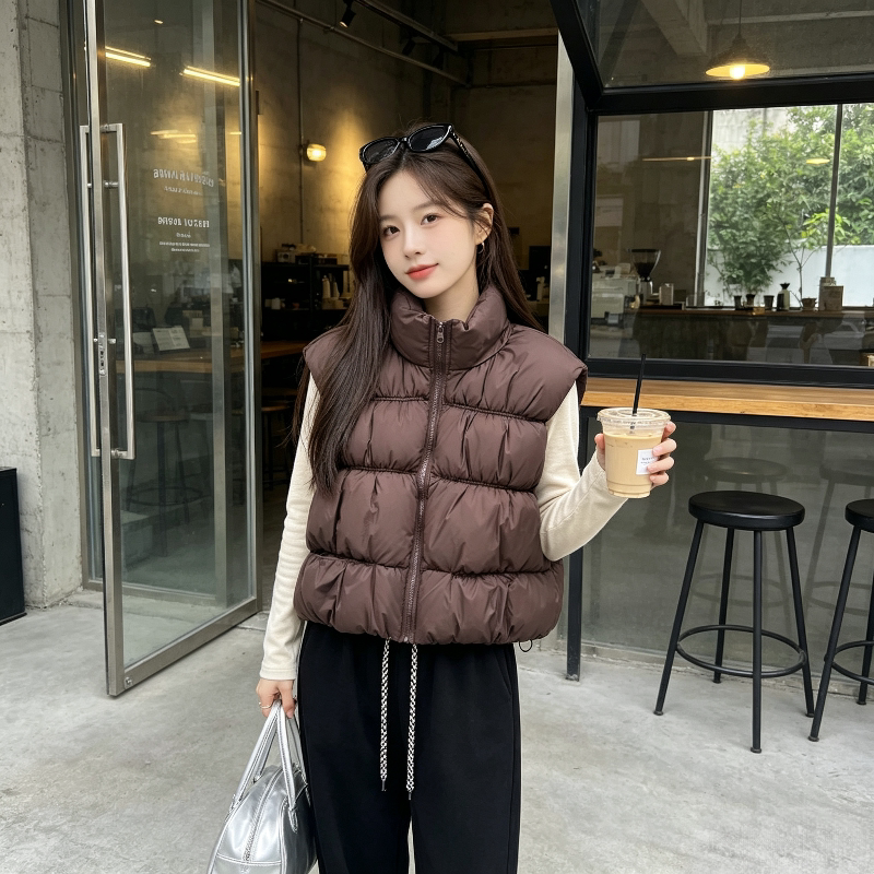 秋冬慵懒风宽松大码小个子无袖立领坎肩棉服马夹外套女减龄百搭潮