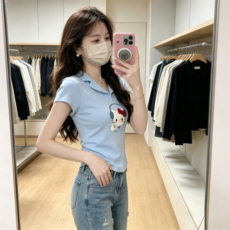 纯欲风正肩设计感Polo衫短款掐腰修身显瘦小个子短袖T恤上衣女潮
