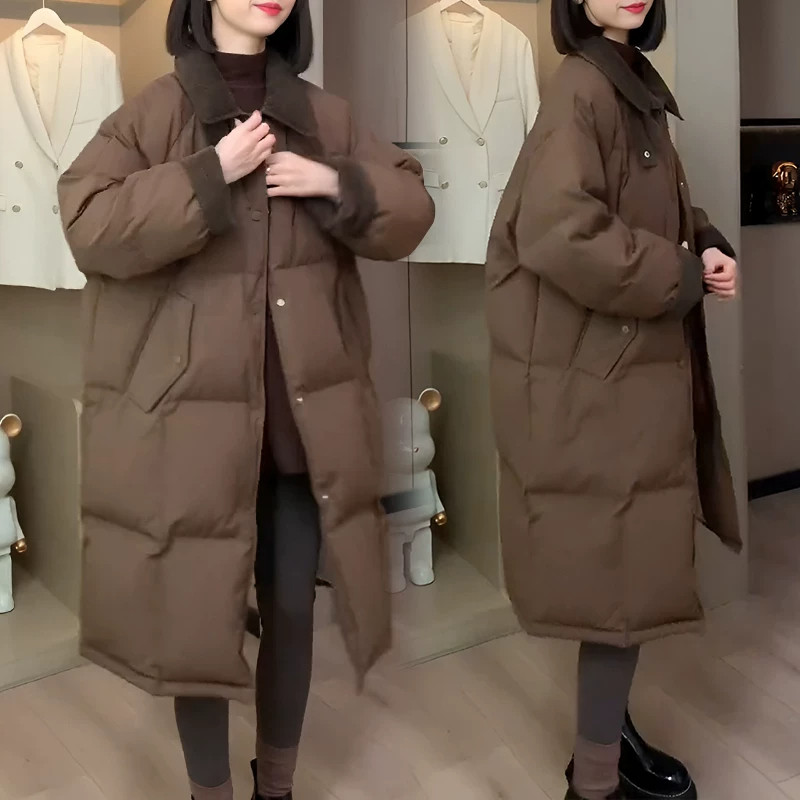 欧货针织条绒拼接撞色设计感中长款宽松大码休闲翻领棉服外套女潮