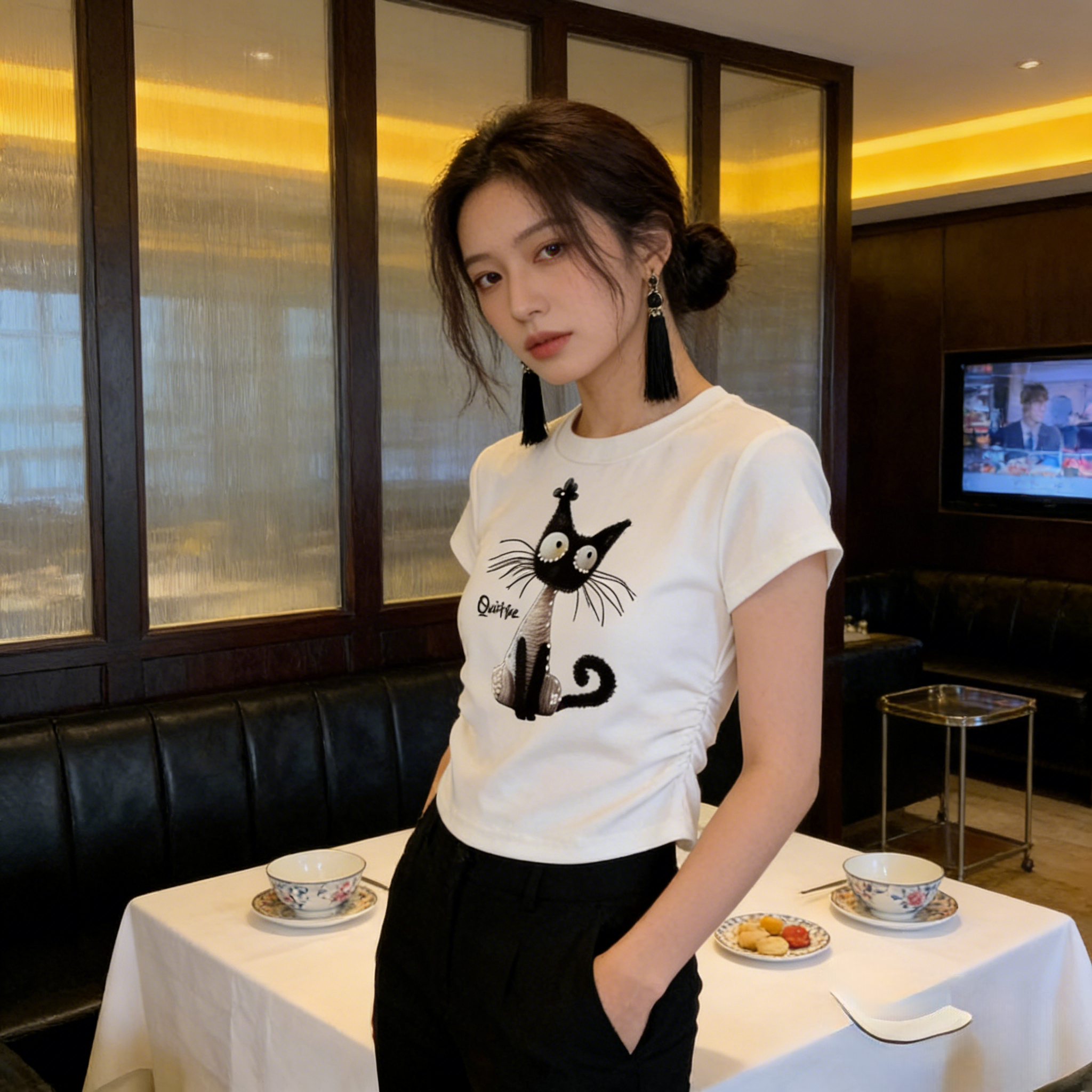 灰色正肩掐腰修身显瘦上衣2026夏季新款小个子圆领短袖T恤女百搭