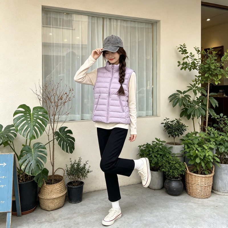 香芋紫修身显瘦小个子短款立领轻薄款秋冬无袖坎肩排骨棉服马夹女