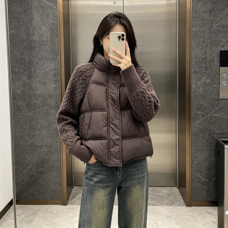 冬季立领针织麻花袖子拼接设计感休闲宽松大码棉服外套女面包服潮