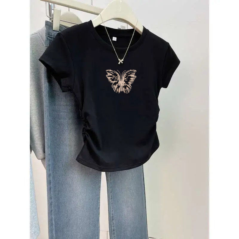 白色正肩短袖t恤女装夏季2026新款收腰洋气高级修身短款半袖上衣