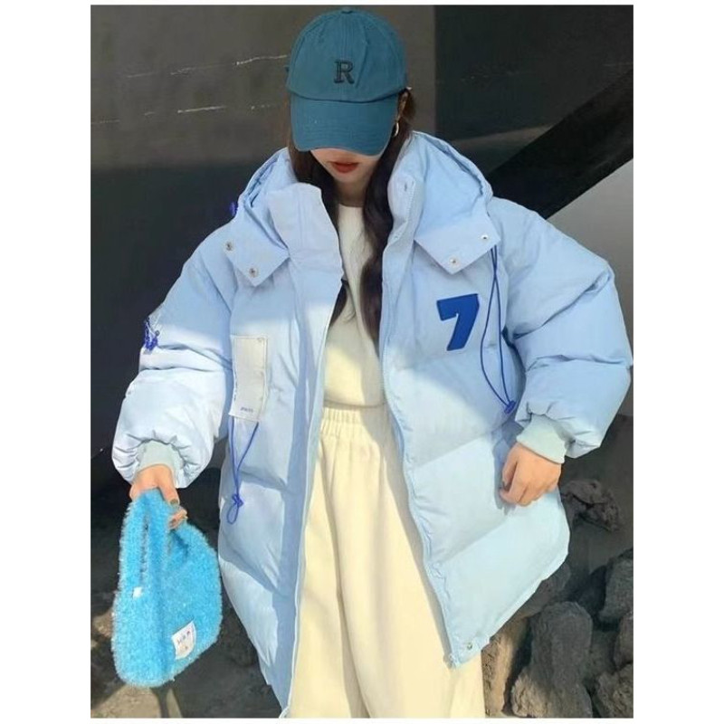水蓝色减龄连帽冬季休闲宽松大码慵懒风加厚保暖棉服外套女面包服