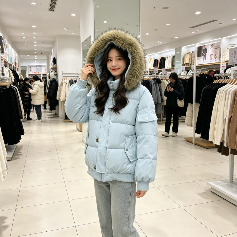 水蓝色减龄大毛领加厚保暖防寒宽松大码小个子棉服外套女面包服潮