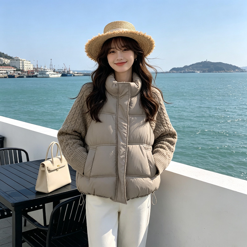 欧货冬季慵懒风立领针织麻花袖子拼接宽松大码小个子棉服外套女潮