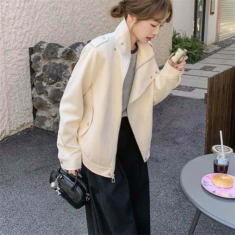 巧克力白温柔风气质早秋休闲宽松小个子pu皮皮衣外套女机车夹克