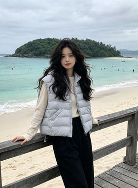 雾霾蓝温柔风宽松大码小个子休闲连帽无袖坎肩棉服马夹外套女洋气