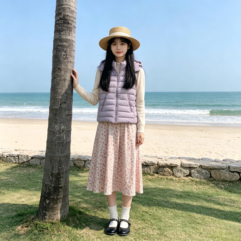 香芋紫设计感连帽修身显瘦小个子无袖坎肩排骨服棉衣马夹外套女潮