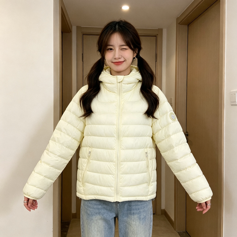 奶黄色温柔风连帽减龄轻薄保暖防寒休闲小个子排骨服棉衣外套女潮