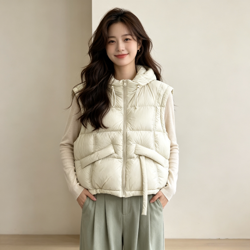 温柔风秋冬设计感加厚保暖无袖坎肩连帽棉服马夹外套女休闲百搭潮