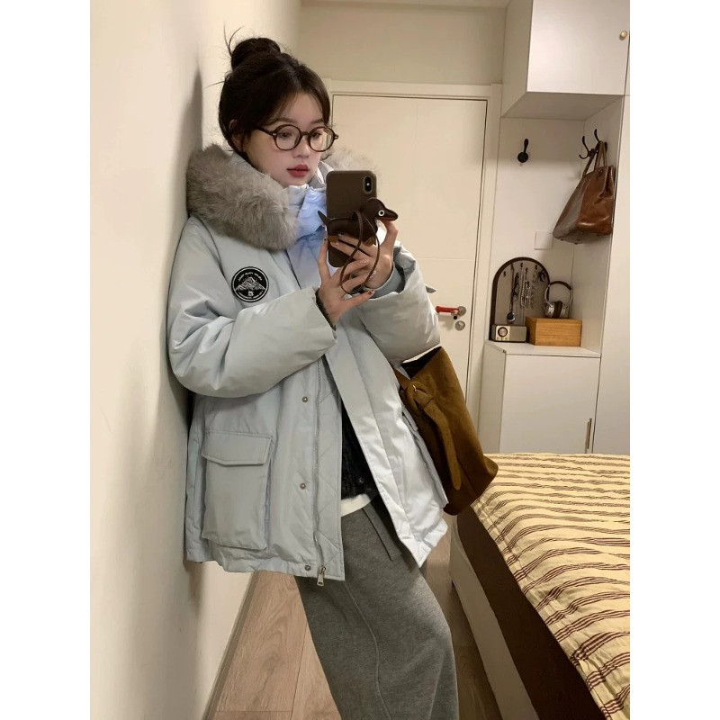 加绒加厚保暖连帽毛领宽松大码小个子工装慵懒风派克棉服外套女潮