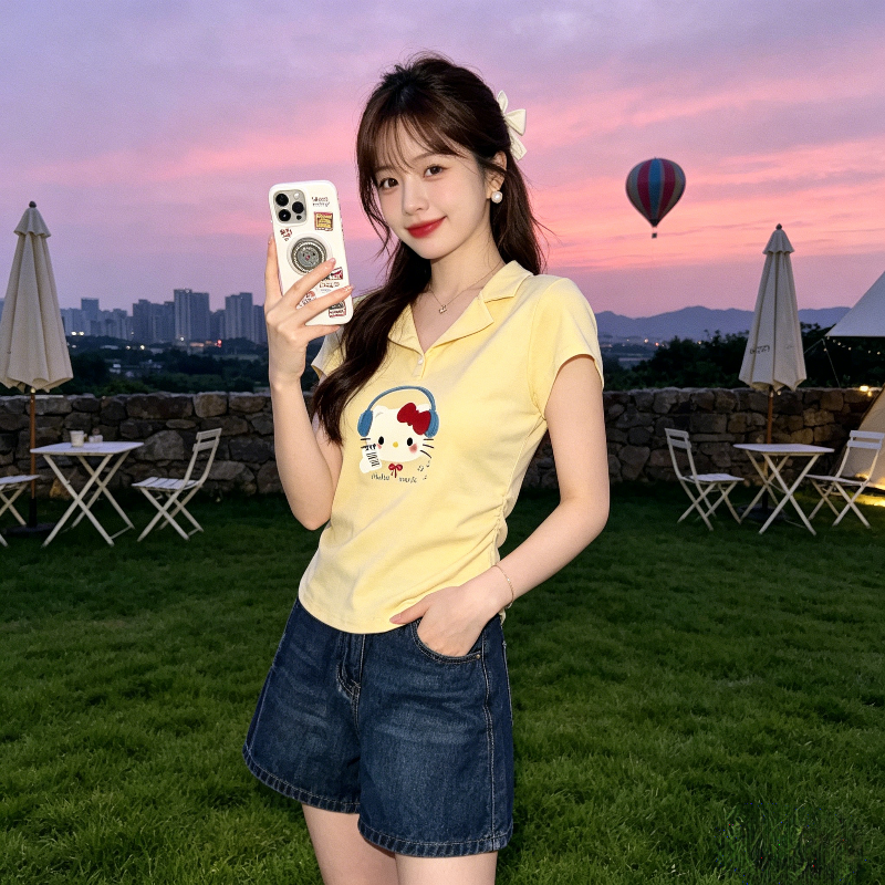 短款掐腰修身显瘦小个子设计感正肩Polo衫短袖T恤女洋气上衣百搭