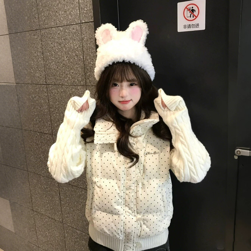 秋冬波点加厚保暖防寒立领针织麻花袖子拼接宽松棉服外套女面包服