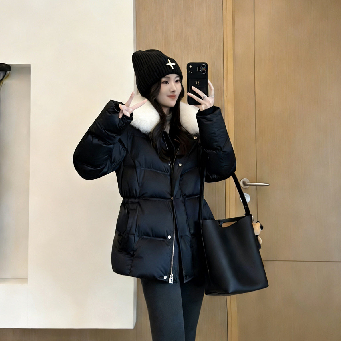 欧货翻领大毛领气质加厚保暖防寒收腰显瘦宽松大码棉服外套女棉袄