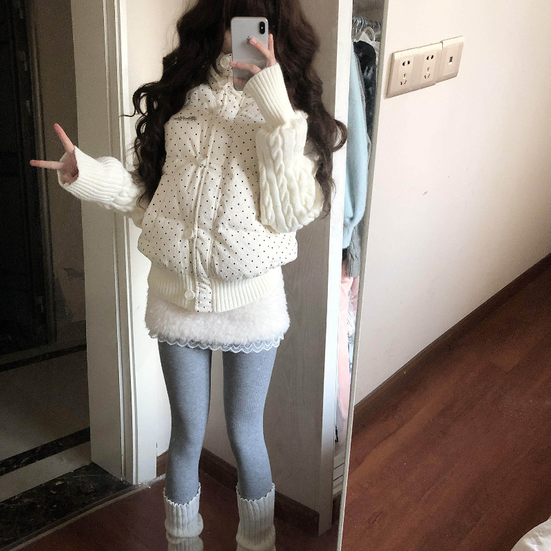 秋冬波点减龄设计感立领休闲针织麻花袖子拼接小个子棉服外套女潮