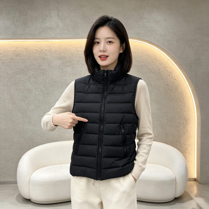 欧货秋冬轻薄款修身显瘦短款小个子立领排骨棉服马夹外套女洋气潮