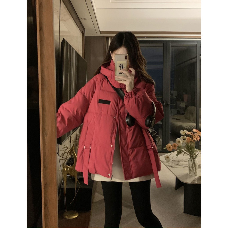 火龙果色减龄设计感连帽冬季加厚保暖防寒宽松大码小个子棉服女潮