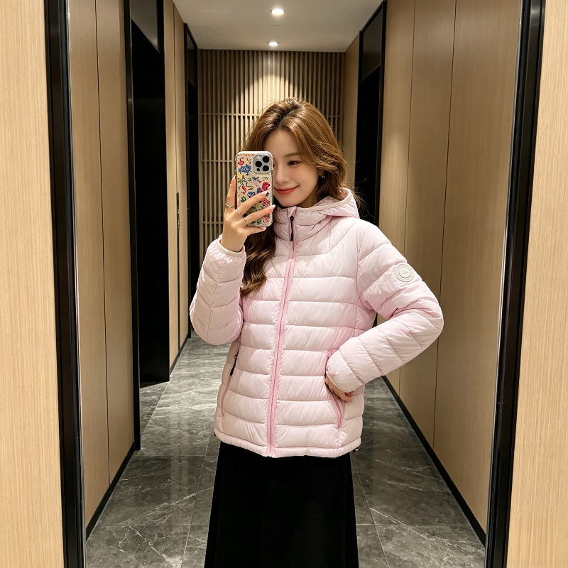 粉色温柔风连帽轻薄款保暖防寒休闲小个子棉服外套女排骨服洋气潮