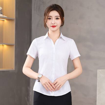 春夏薄款短袖白衬衫女士蓝色V领上衣修身百搭上班面试工服职业装