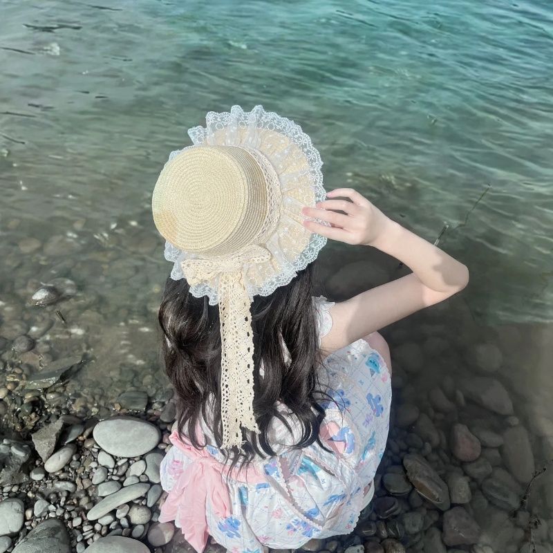 原创ins风蕾丝甜美蝴蝶结多巴胺海边沙滩JK草帽洛丽塔Lolita帽子