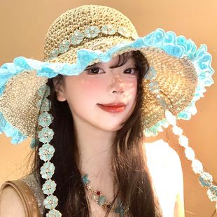蕾絲系帶草帽女夏季 海邊沙灘度假風(fēng)遮陽防曬帽大帽檐太陽帽子 薄款
