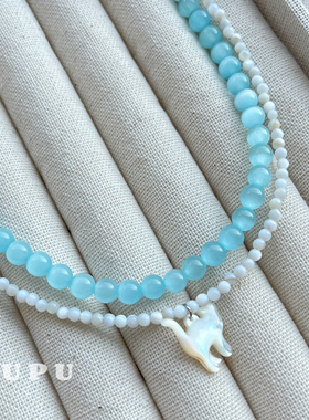 PUPU原创手工蓝色小猫串珠项链女叠戴猫眼石项链简约百搭ins