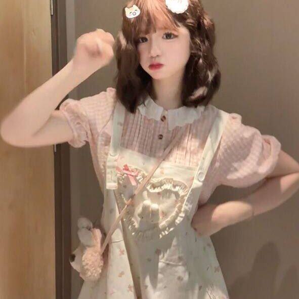 初夏日系甜美可爱风爱心大蝴蝶结背带卡通裤+粉色衬衫女两件套装