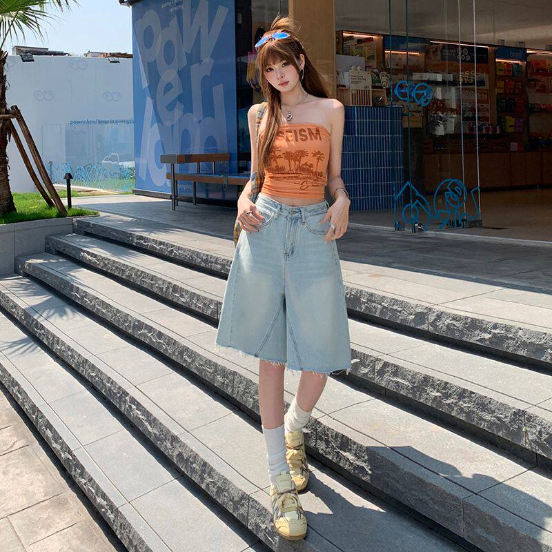 实拍 单依纯同款美式牛仔七分裤女夏季水洗做旧休闲裤浅色