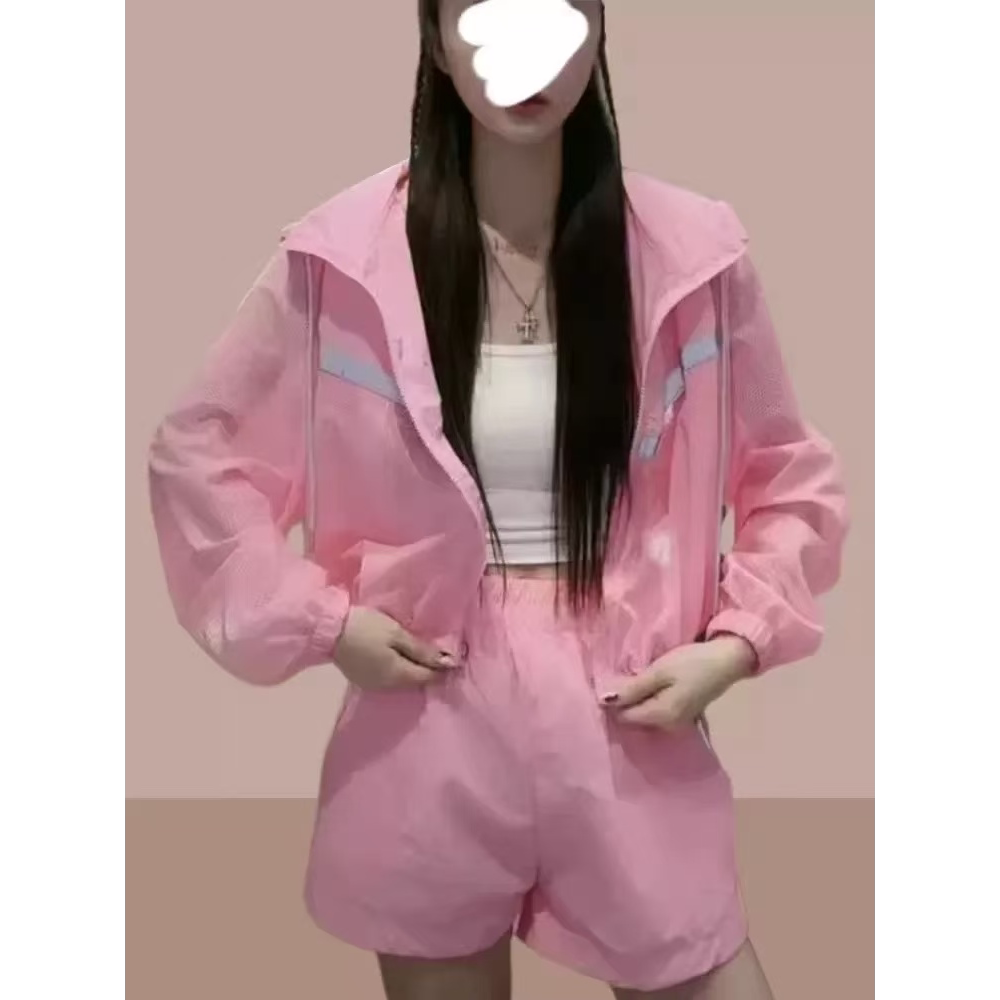 夏季盐系高级感防晒衣套装女士运动服时尚外套休闲短袖短裤两件套