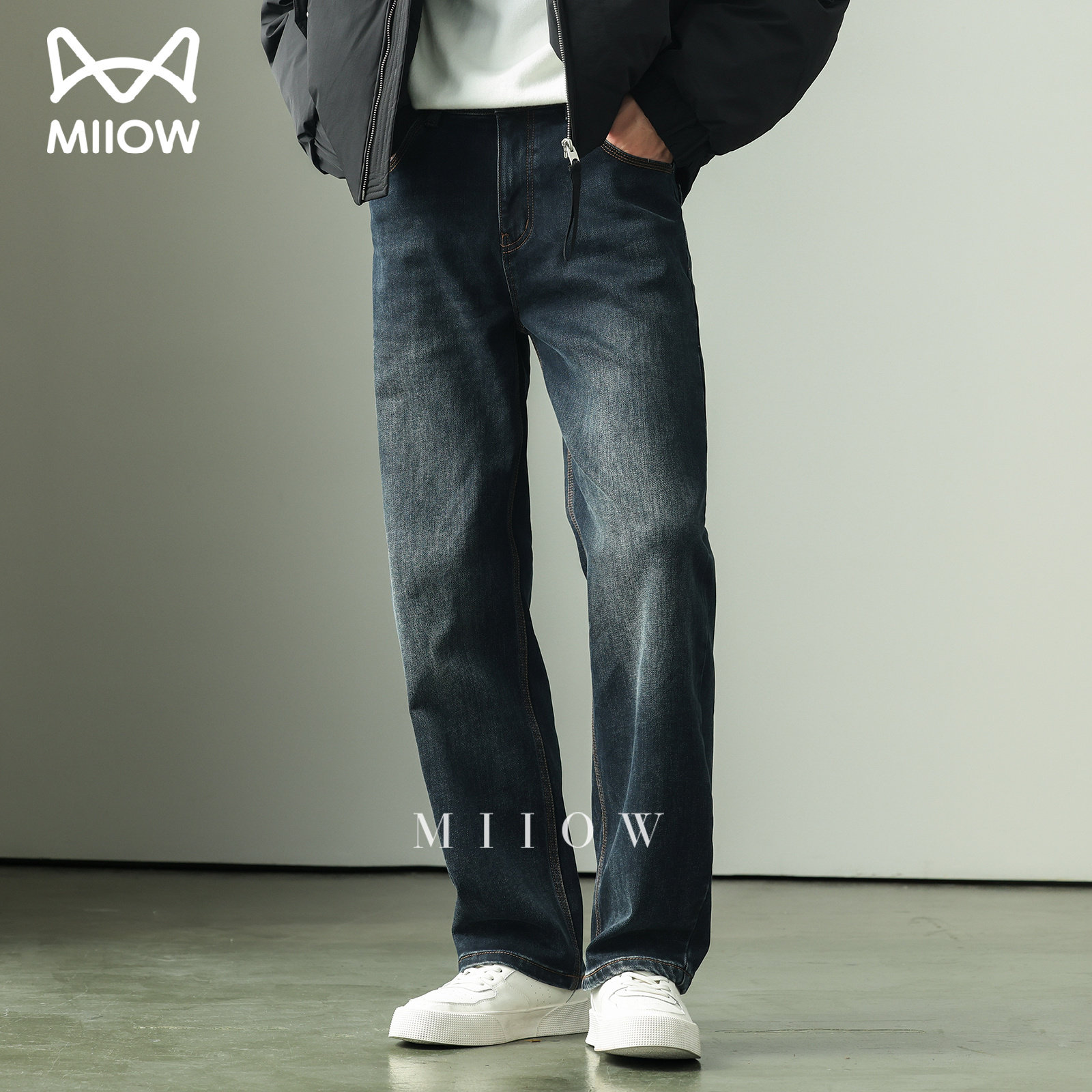 猫人三本针牛仔裤男加绒加厚直筒