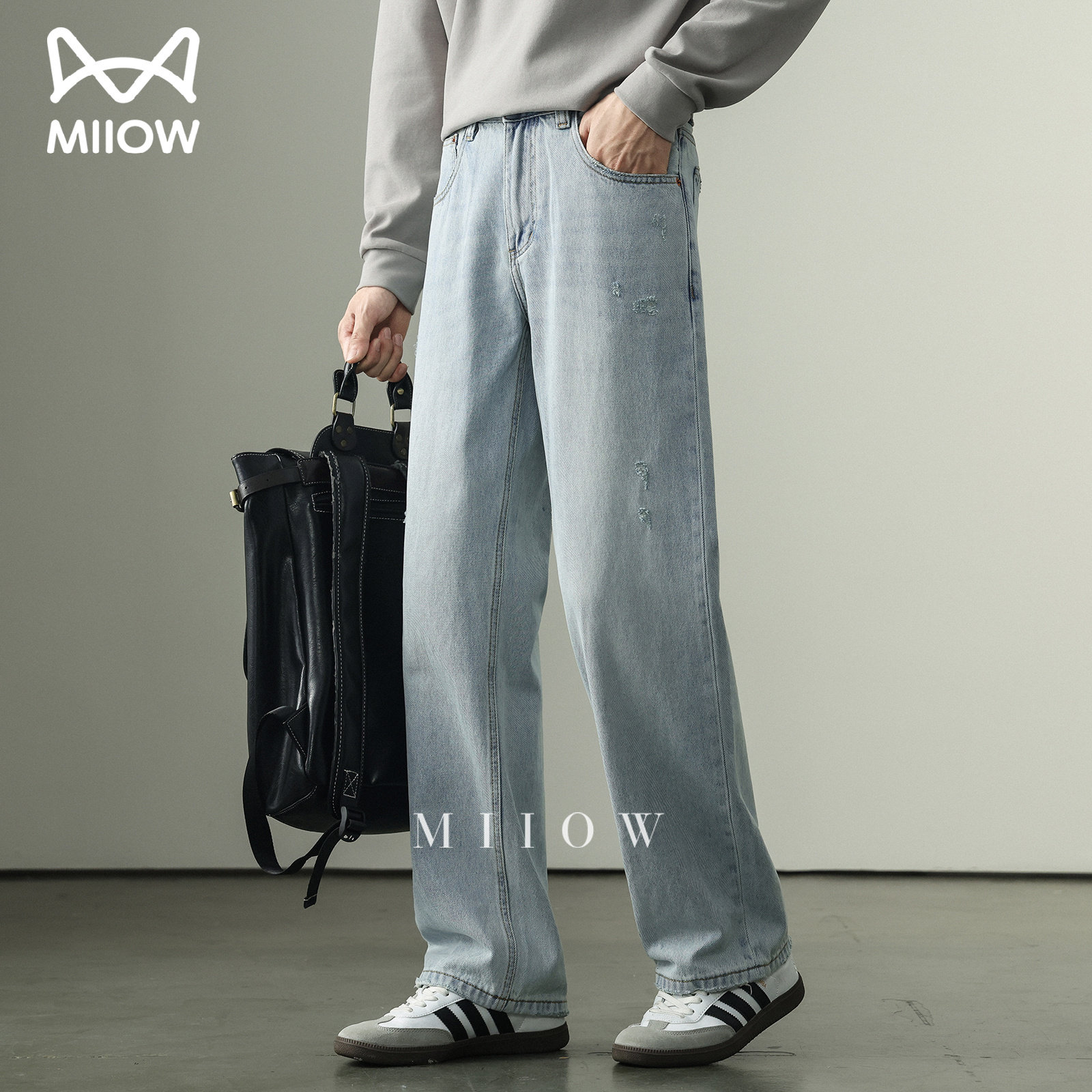 猫人高端冰蓝色水洗直筒牛仔裤男