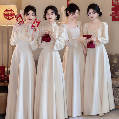 伴娘服冬装2025新款香槟色缎面姐妹团礼服裙女平时可穿冬季长袖