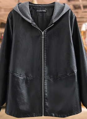 40-50岁中年胖妈妈秋季皮衣加肥加大码洋气连帽黑色皮女