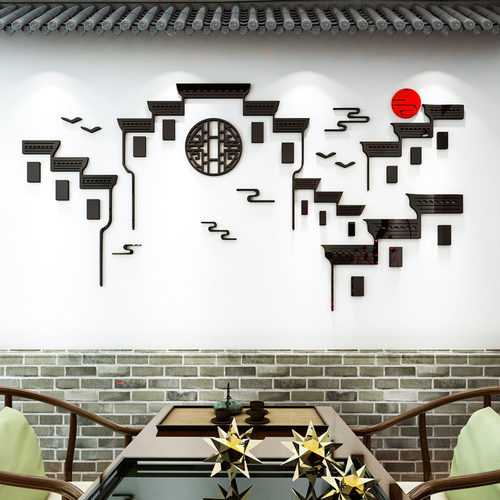 中式餐厅饭店包间墙面装饰古典徽派建筑墙贴画3d立体餐饮打卡布置