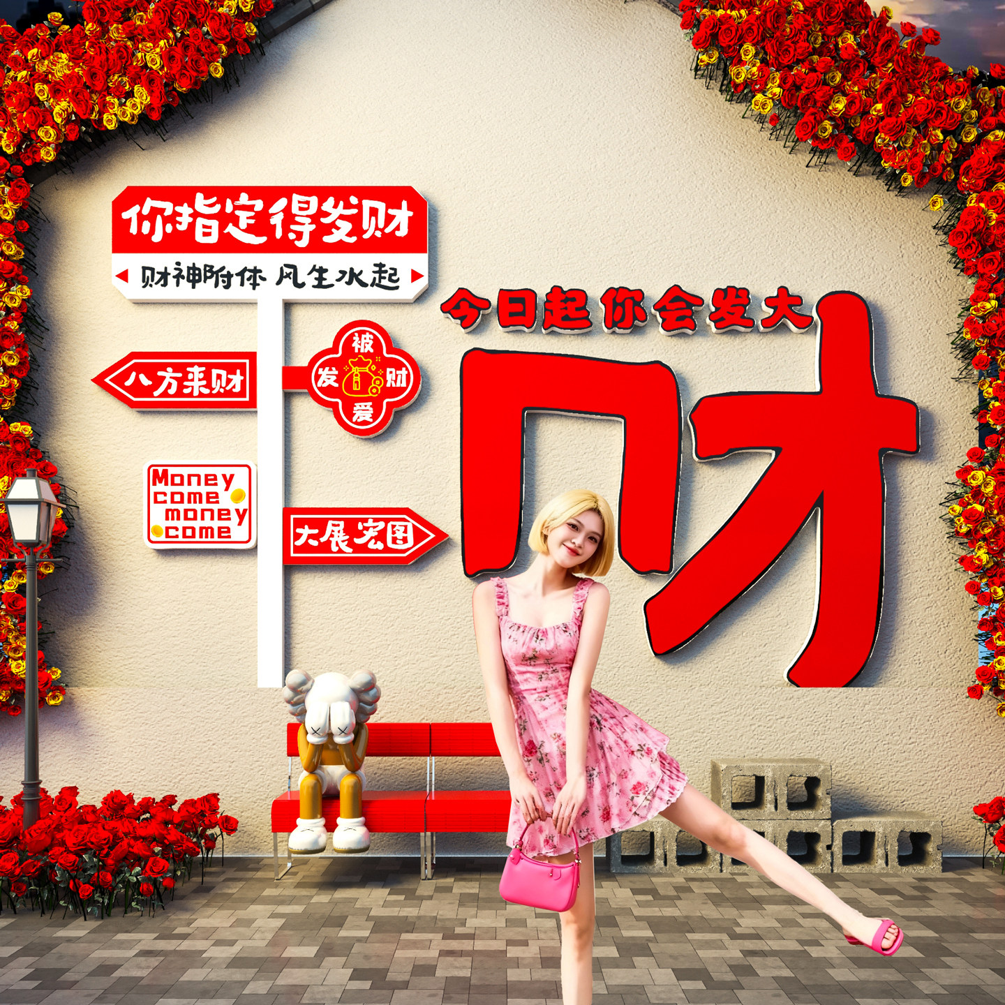 发财打卡墙2026马新年网红拍照区氛围布置火锅餐饮店铺吸引人装饰,家居饰品,软装墙贴,淘宝优惠券,粉丝福利购,淘宝优惠卷