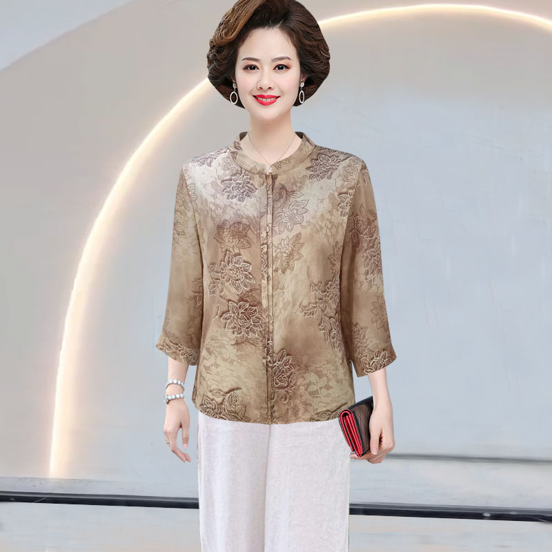 夏季七分袖女真丝开衫衬衣裤套装