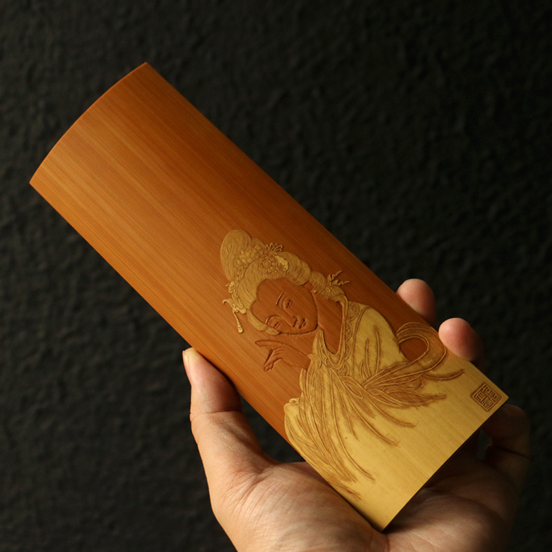 精品东阳名家裘立钢纯手工留青雕刻仕女图老玉竹茶则浅浮雕开脸