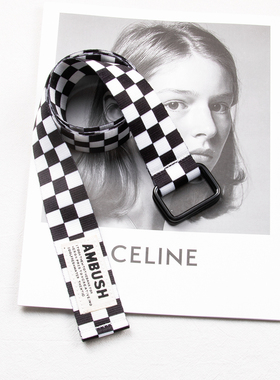 黑白棋盘格子双环扣帆布腰带 潮牌工装裤斑马纹布料字母皮带ins风