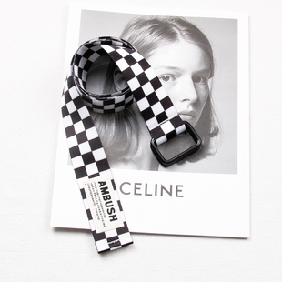 黑白棋盘格子双环扣帆布腰带 潮牌工装裤斑马纹布料字母皮带ins风