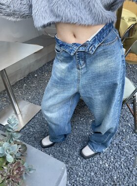 4422美式复古宽松破洞牛仔裤男女秋冬新款直筒拖地裤阔腿哈伦裤